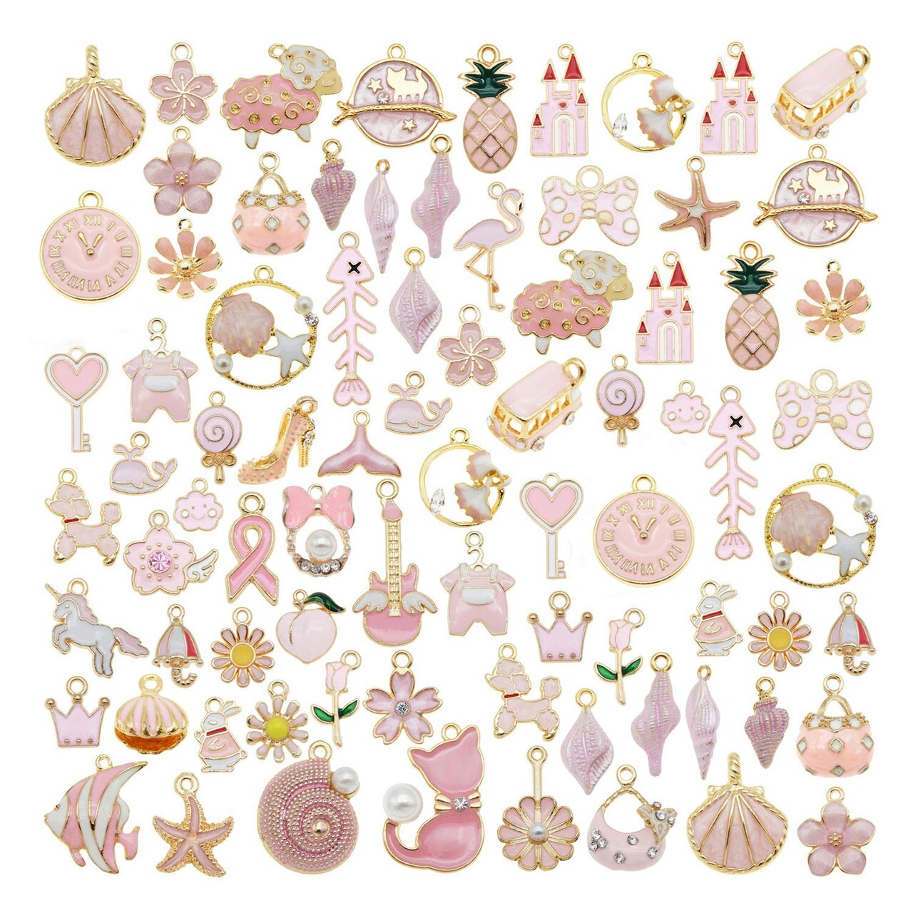 JJGQAZ 40pcs(20PAIRS) Assorted Gold Plated Enamel Animals Fruit Moon Star Dainty Dangle Flowers Pendants Charms for Jewelry Making Necklace Bracelet, Pink Theme